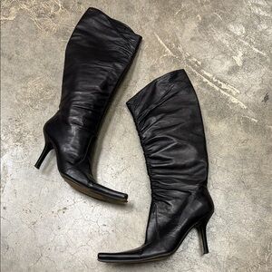Mario Bologna ruched black knee-high leather boots stiletto heels pointed toes